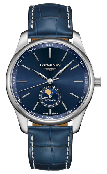 Longines Master Collection Automatic Stainless Steel Blue Dial Blue Leather Strap Moonphase Date Mens Watch L2.919.4.92.0 - Watches & Beyond