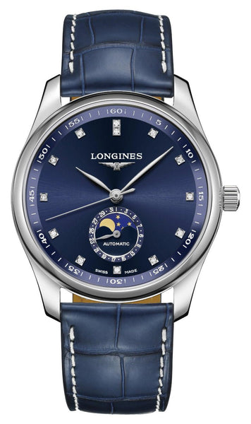Longines Master Collection Automatic Stainless Steel Blue Dial Blue Leather Strap Moonphase Diamonds Date Mens Watch L2.909.4.97.0 - Watches & Beyond