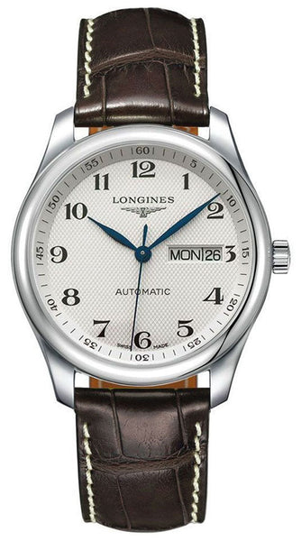 Longines Master Collection Automatic Stainless Steel Silver Dial Brown Leather Strap Day/Date Mens Watch L2.755.4.78.3 - WAB - Shipping Dept.