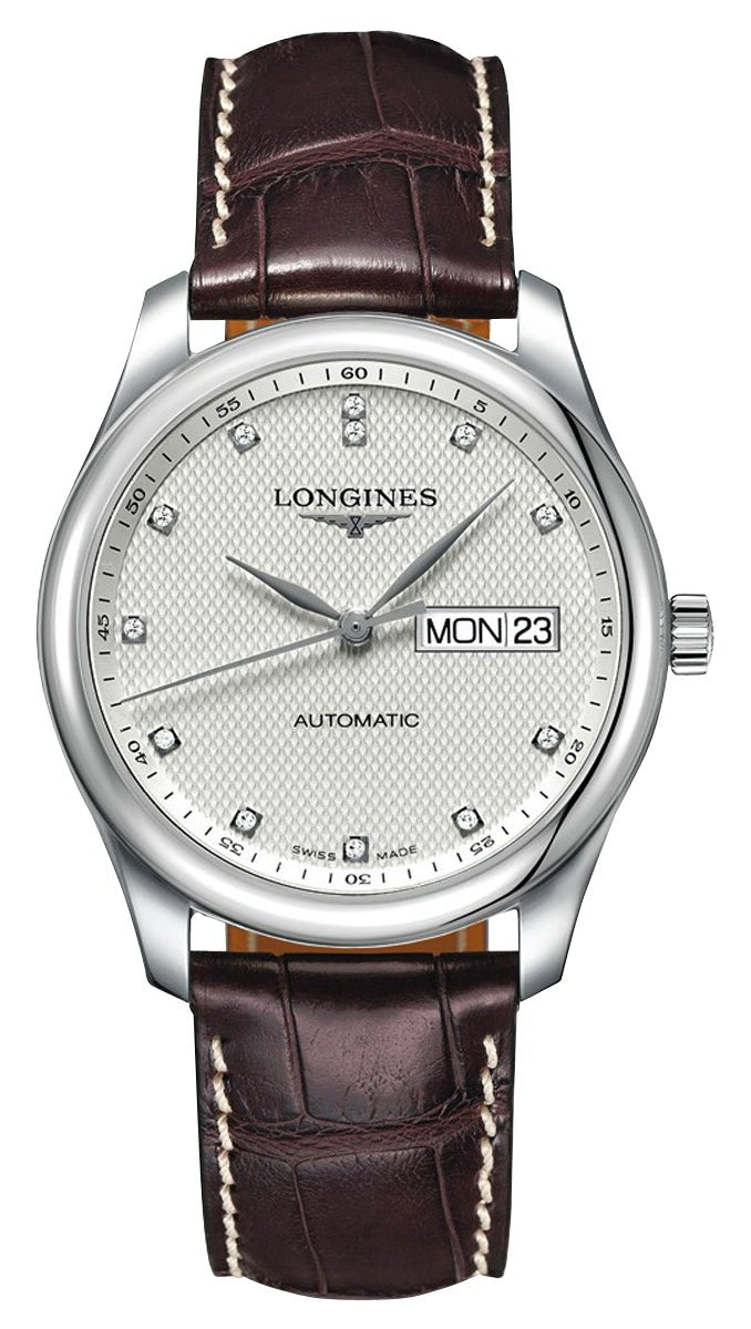 Longines Master Collection Automatic Stainless Steel Silver Dial Brown Leather Strap Diamonds Day/Date Mens Watch L2.755.4.77.3 - Watches & Beyond