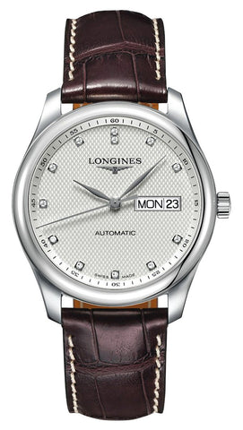 Longines Master Collection Automatic Stainless Steel Silver Dial Brown Leather Strap Diamonds Day/Date Mens Watch L2.755.4.77.3 - Watches & Beyond
