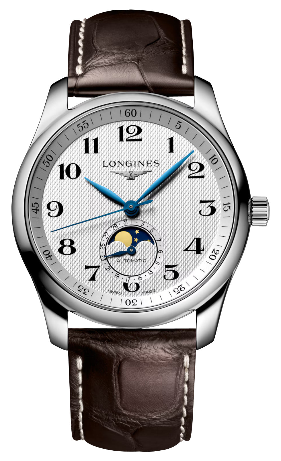 Longines Master Collection Automatic Stainless Steel Silver-Tone Dial Brown Leather Strap Moonphase Date Mens Watch L2.909.4.78.3 - Watches & Beyond