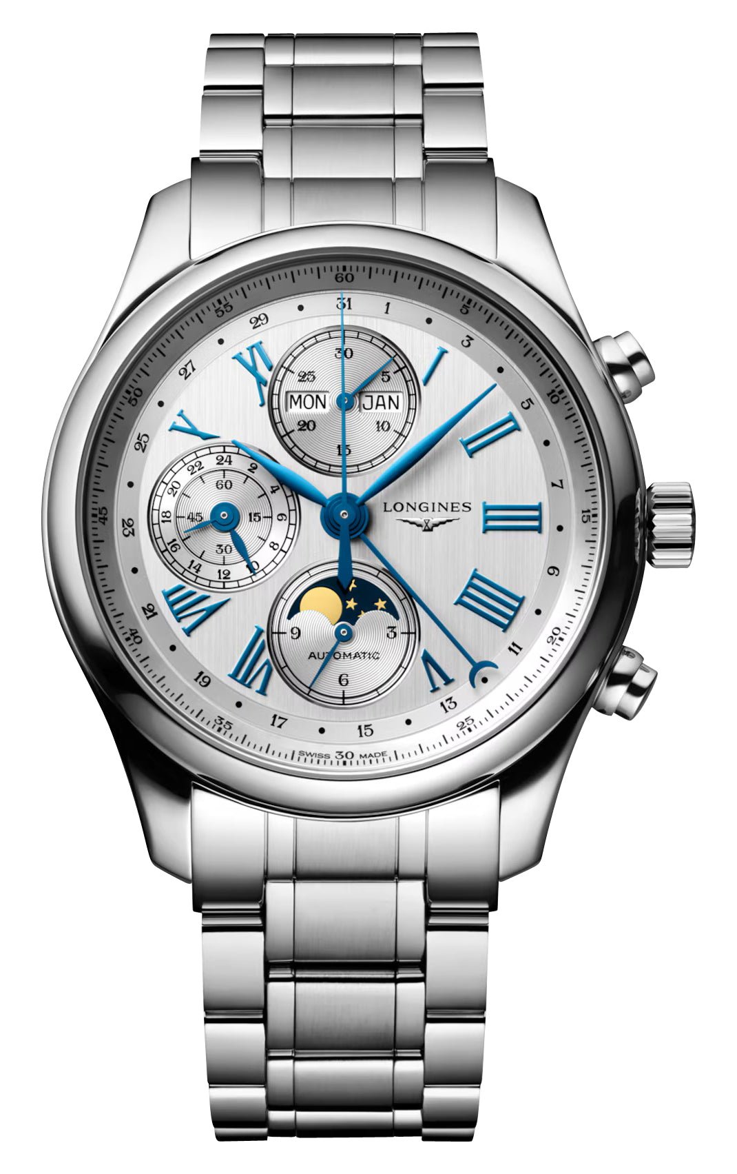 Longines Master Collection Complications Automatic Chronograph Stainless Steel Silver Dial Day/Date Month Moonphase Mens Watch L2.773.4.71.6 - WAB - Shipping Dept.