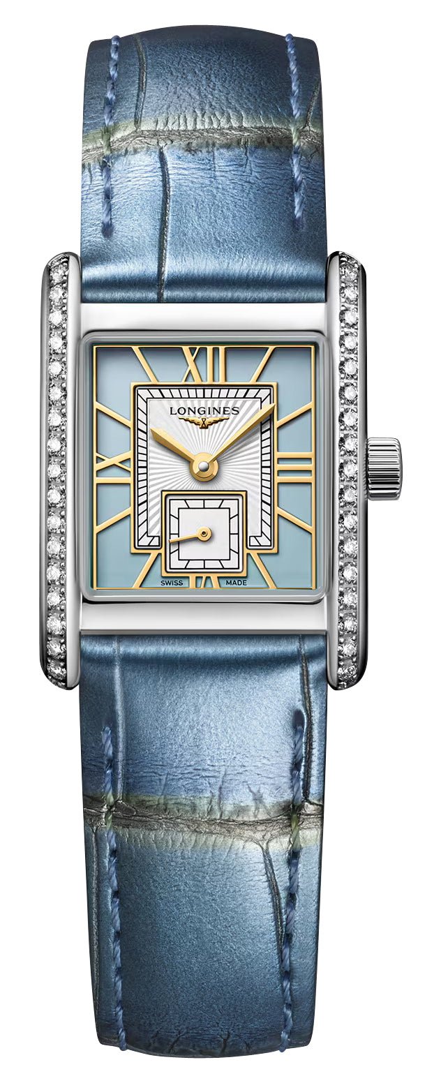 Longines Mini DolceVita Stainless Steel Blue Dial Blue Leather Strap Diamonds Quartz Womens Watch L5.200.0.95.2 - Watches & Beyond