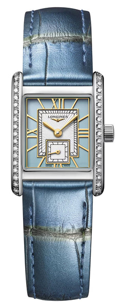 Longines Mini DolceVita Stainless Steel Blue Dial Blue Leather Strap Diamonds Quartz Womens Watch L5.200.0.95.2 - Watches & Beyond