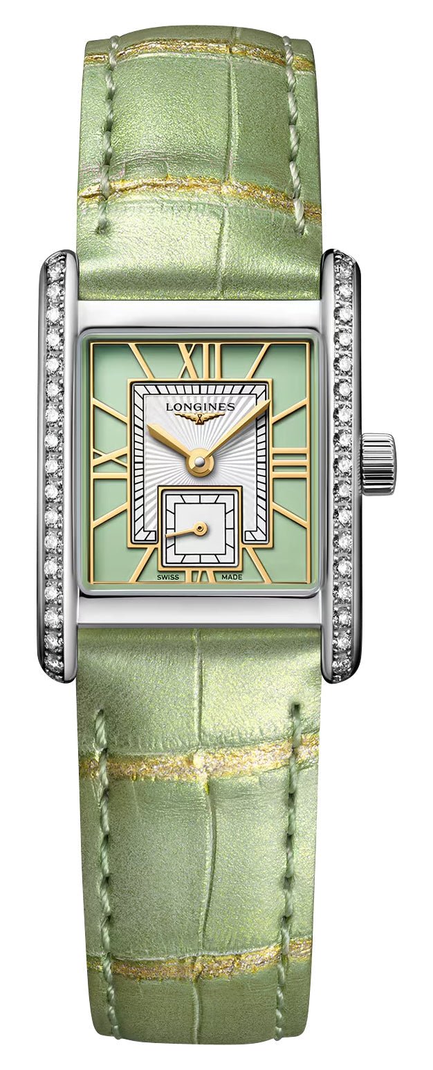 Longines Mini DolceVita Stainless Steel Green Dial Green Leather Strap Diamonds Quartz Womens Watch L5.200.0.05.2 - Watches & Beyond