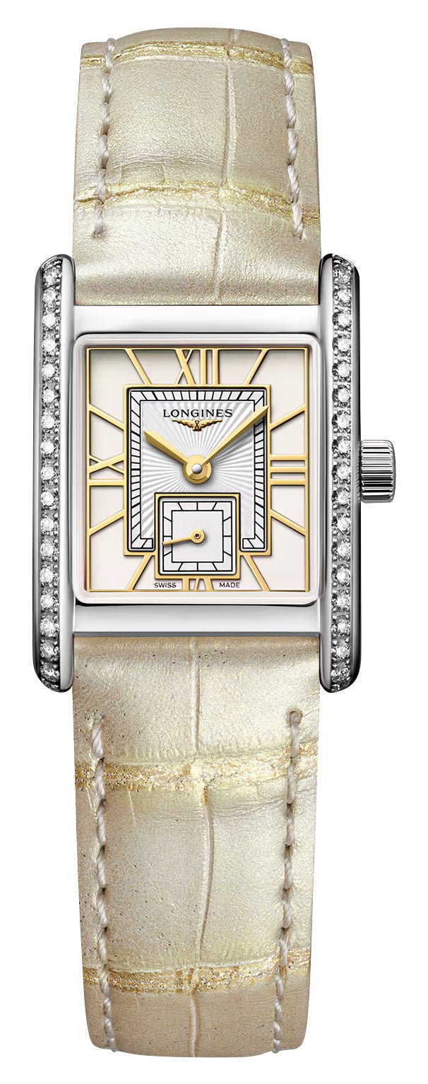 Longines Mini DolceVita Stainless Steel Ivory Dial Ivory Leather Strap Diamonds Quartz Womens Watch L5.200.0.79.2 - Watches & Beyond