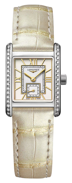 Longines Mini DolceVita Stainless Steel Ivory Dial Ivory Leather Strap Diamonds Quartz Womens Watch L5.200.0.79.2 - Watches & Beyond