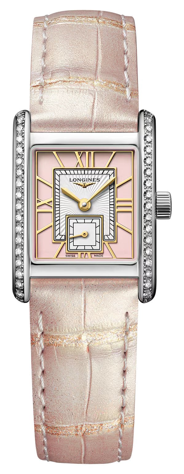 Longines Mini DolceVita Stainless Steel Pink Dial Pink Leather Strap Diamonds Quartz Womens Watch L5.200.0.99.2 - Watches & Beyond