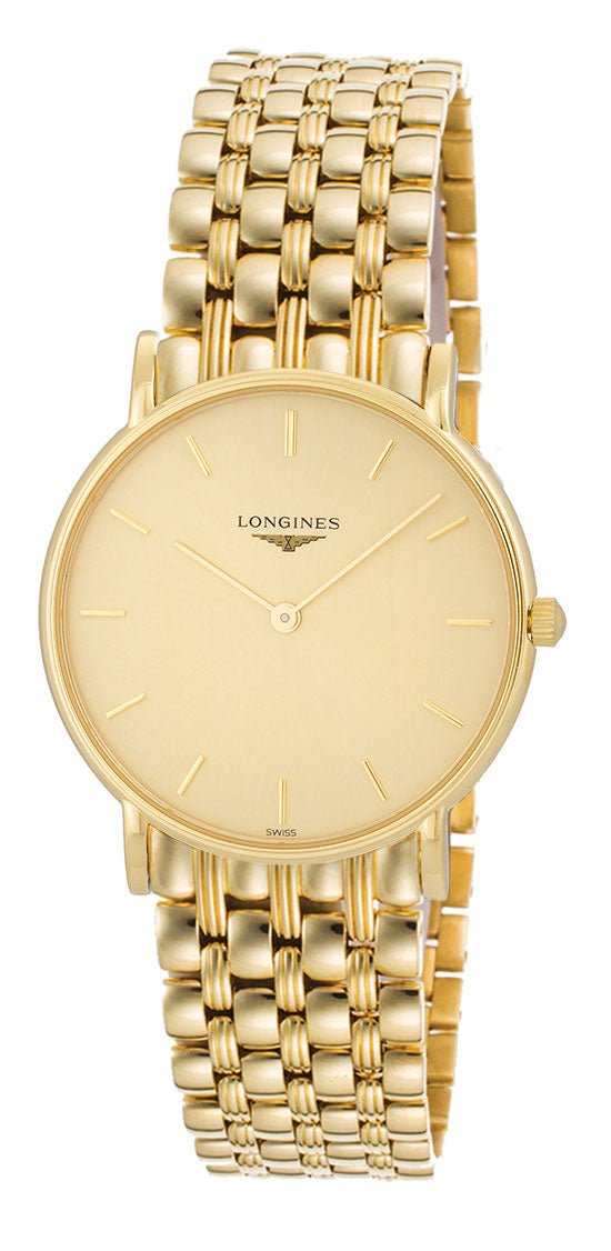 Longines Presence L47436392 18K Gold Black Leather Mens Watch WAB Shipping Dept