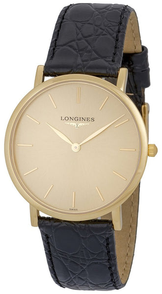 Longines Presence 18K Yellow Gold L48246322 Black Leather Strap Quartz Mens Watch Gold Tone Dial - Watches & Beyond