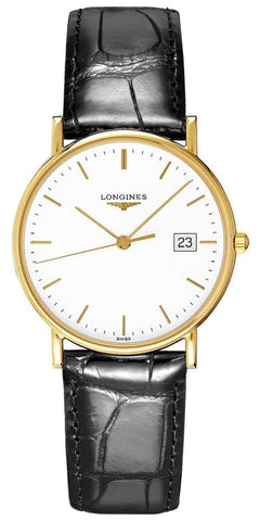 Longines Presence 18kt Gold Black Leather Strap White Dial Date Mens Watch L4.743.6.12.2 - WAB - Shipping Dept.