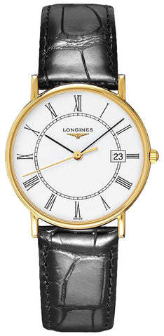 Longines Presence 18kt Yellow Gold White Dial Black Leather Strap Date Quartz Mens Watch L4.743.6.11.0 - WAB - Shipping Dept.