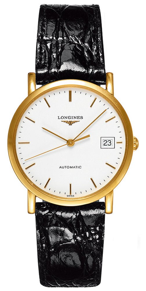 Longines Presence Automatic 18K Yellow Gold White Dial Black Leather Strap Date Unisex Watch L4.778.6.12.0 - WAB - Shipping Dept.