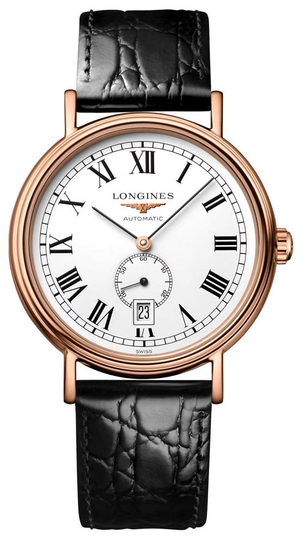 Longines Presence Automatic Rose Gold PVD White Dial Black Leather Strap Date Mens Watch L4.904.1.11.2 - WAB - Shipping Dept.