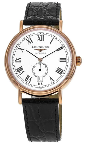 Longines Presence Automatic Rose Gold PVD White Dial Black Leather Strap Date Mens Watch L4.905.1.11.2 - WAB - Shipping Dept.