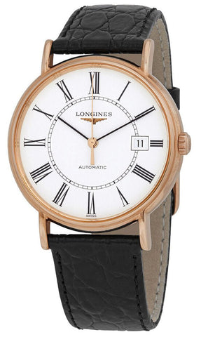 Longines Presence Automatic Rose Gold PVD White Dial Black Leather Strap Date Mens Watch L4.921.1.11.2 - WAB - Shipping Dept.