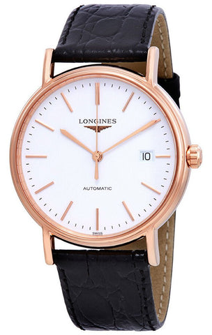 Longines Presence Automatic Rose Gold PVD White Dial Black Leather Strap Date Mens Watch L4.921.1.12.2 - WAB - Shipping Dept.