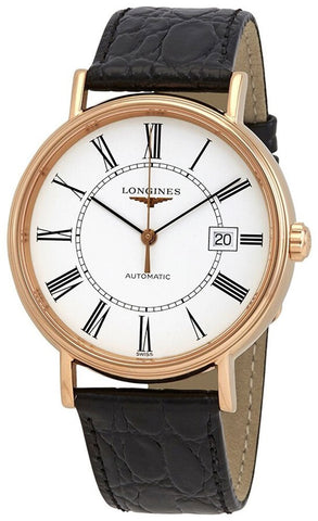 Longines Presence Automatic Rose Gold PVD White Dial Black Leather Strap Date Mens Watch L4.922.1.11.2 - Watches & Beyond