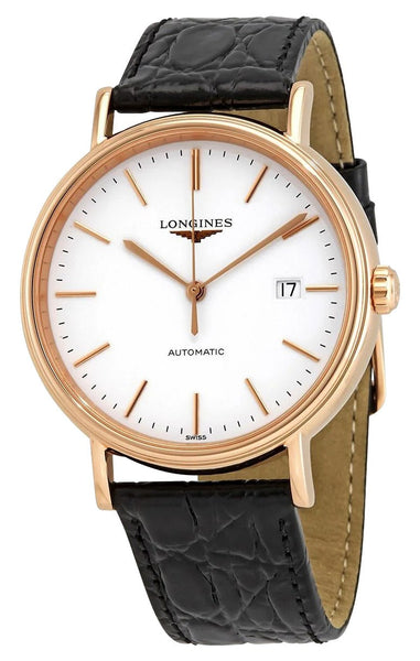 Longines Presence Automatic Rose Gold PVD White Dial Black Leather Strap Date Mens Watch L4.922.1.12.2 - WAB - Shipping Dept.