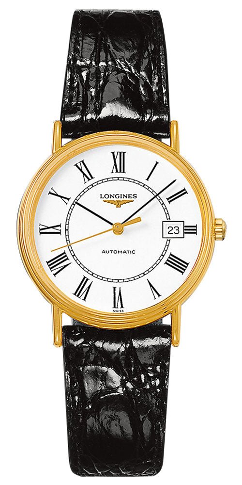 Longines Presence Automatic Yellow Gold PVD White Dial Black Leather Strap Date Mens Watch L4.821.2.11.2 - Watches & Beyond