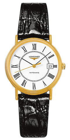 Longines Presence Automatic Yellow Gold PVD White Dial Black Leather Strap Date Mens Watch L4.821.2.11.2 - Watches & Beyond