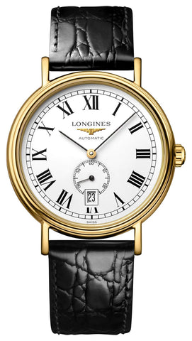 Longines Presence Automatic Yellow Gold PVD White Dial Black Leather Strap Date Mens Watch L4.904.2.11.2 - WAB - Shipping Dept.