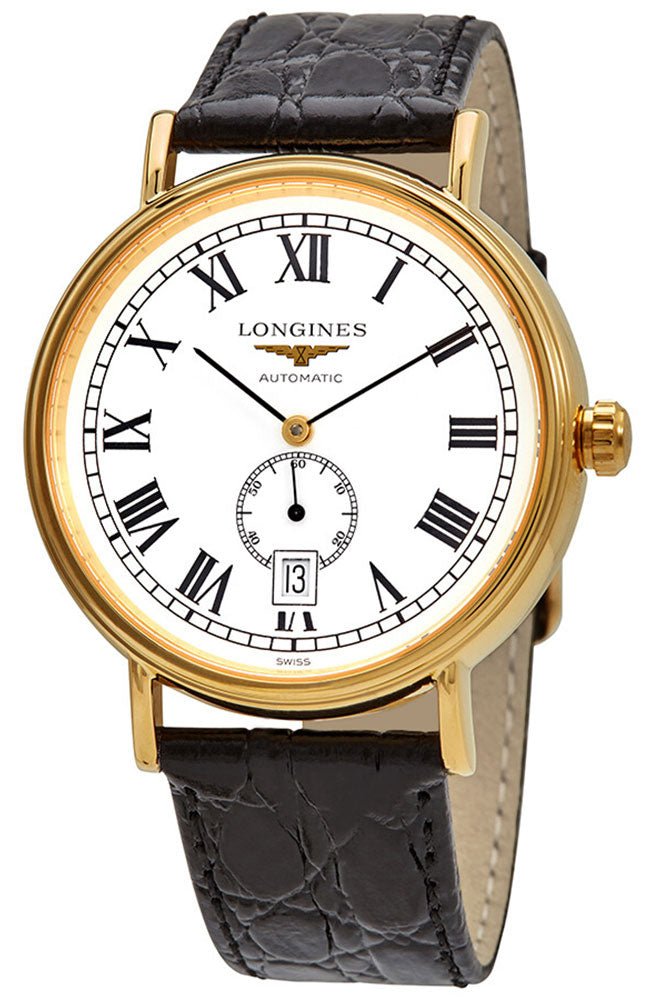 Longines Presence Automatic Yellow Gold PVD White Dial Black Leather Strap Date Mens Watch L4.905.2.11.2 - WAB - Shipping Dept.