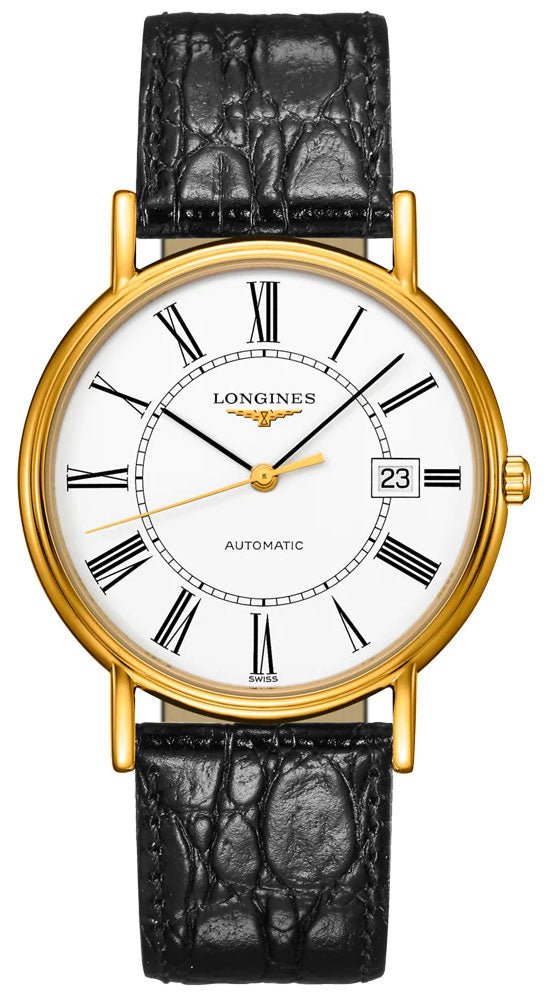 Longines Presence Automatic Yellow Gold PVD White Dial Black Leather Strap Date Mens Watch L4.921.2.11.2 - Watches & Beyond