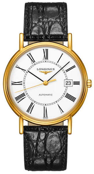 Longines Presence Automatic Yellow Gold PVD White Dial Black Leather Strap Date Mens Watch L4.921.2.11.2 - Watches & Beyond