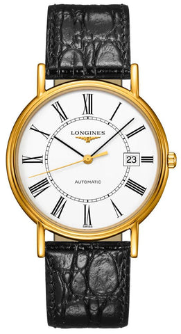 Longines Presence Automatic Yellow Gold PVD White Dial Black Leather Strap Date Mens Watch L4.921.2.11.2 - Watches & Beyond