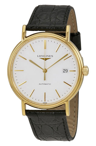 Longines Presence Automatic Yellow Gold PVD White Dial Black Leather Strap Date Mens Watch L4.921.2.12.2 - WAB - Shipping Dept.