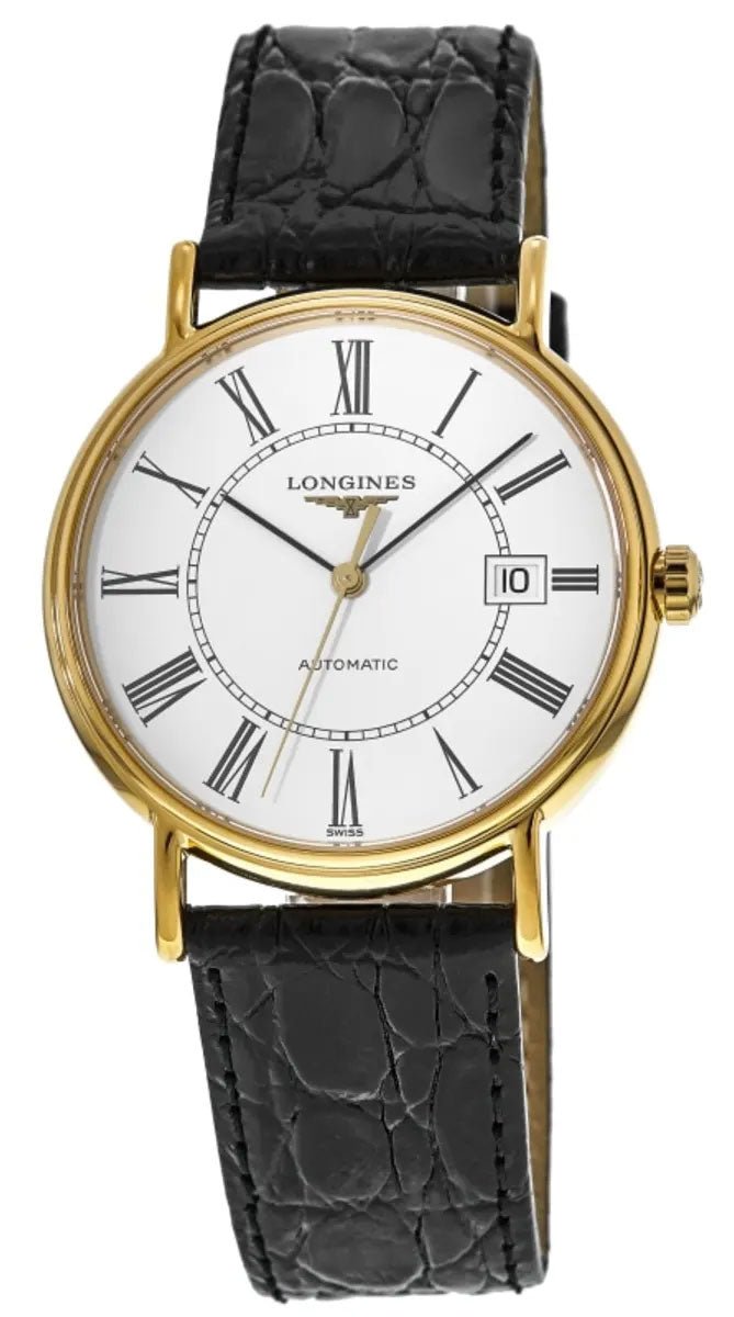 Longines Presence Automatic Yellow Gold PVD White Dial Black Leather Strap Date Mens Watch L4.922.2.11.2 - WAB - Shipping Dept.