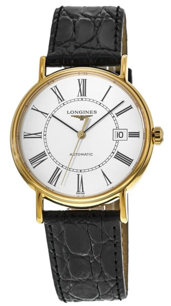 Longines Presence Automatic Yellow Gold PVD White Dial Black Leather Strap Date Mens Watch L4.922.2.11.2 - WAB - Shipping Dept.