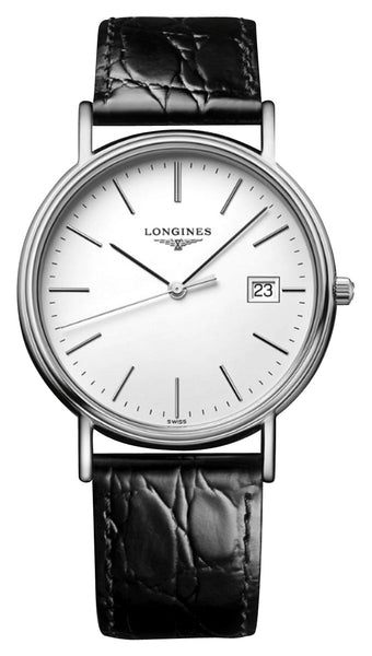 Longines Presence Stainless Steel White Dial Black Leather Strap Date Quartz Mens Watch L4.790.4.12.2 - WAB - Shipping Dept.