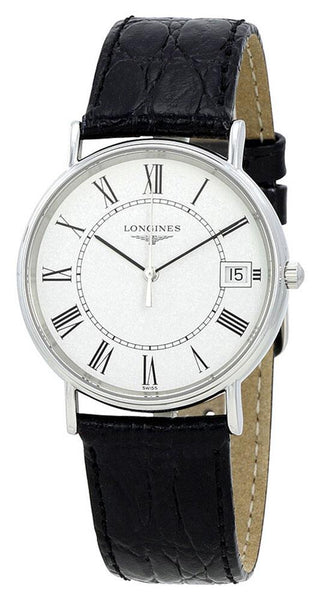 Longines Presence Stainless Steel White Dial Black Leather Strap Date Quartz Mens Watch L4.819.4.11.2 - WAB - Shipping Dept.