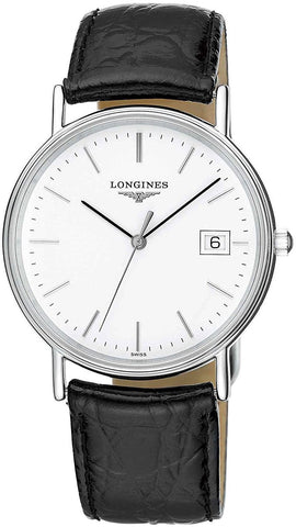 Longines Presence Stainless Steel White Dial Black Leather Strap Date Quartz Unisex Watch L4.720.4.12.2 - WAB - Shipping Dept.