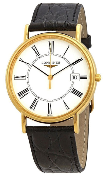 Longines Presence Yellow Gold PVD White Dial Black Leather Strap Date Quartz Mens Watch L4.790.2.11.2 - WAB - Shipping Dept.