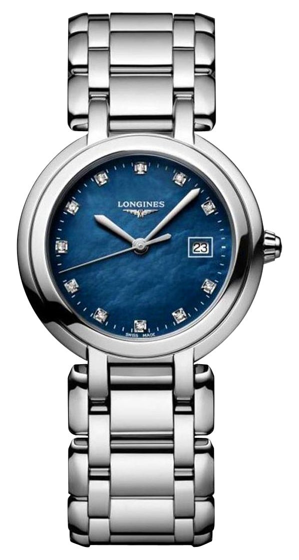 Longines PrimaLuna Stainless Steel Blue Mother - Of - Pearl Dial Diamonds Date Quartz Womens Watch L8.122.4.98.6 - Watches & Beyond