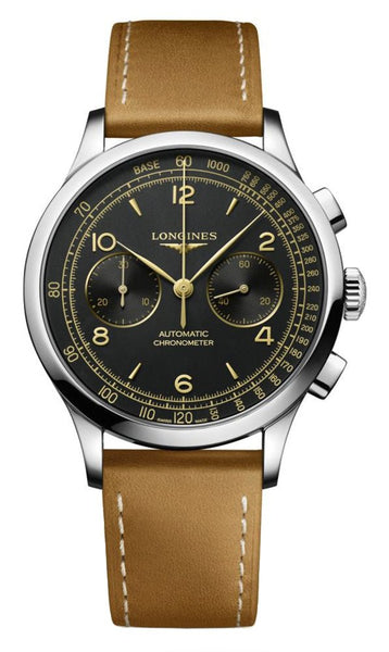 Longines Record Automatic COSC Chronograph Stainless Steel Black Dial Brown Leather Strap Mens Watch L2.921.4.56.2 - Watches & Beyond