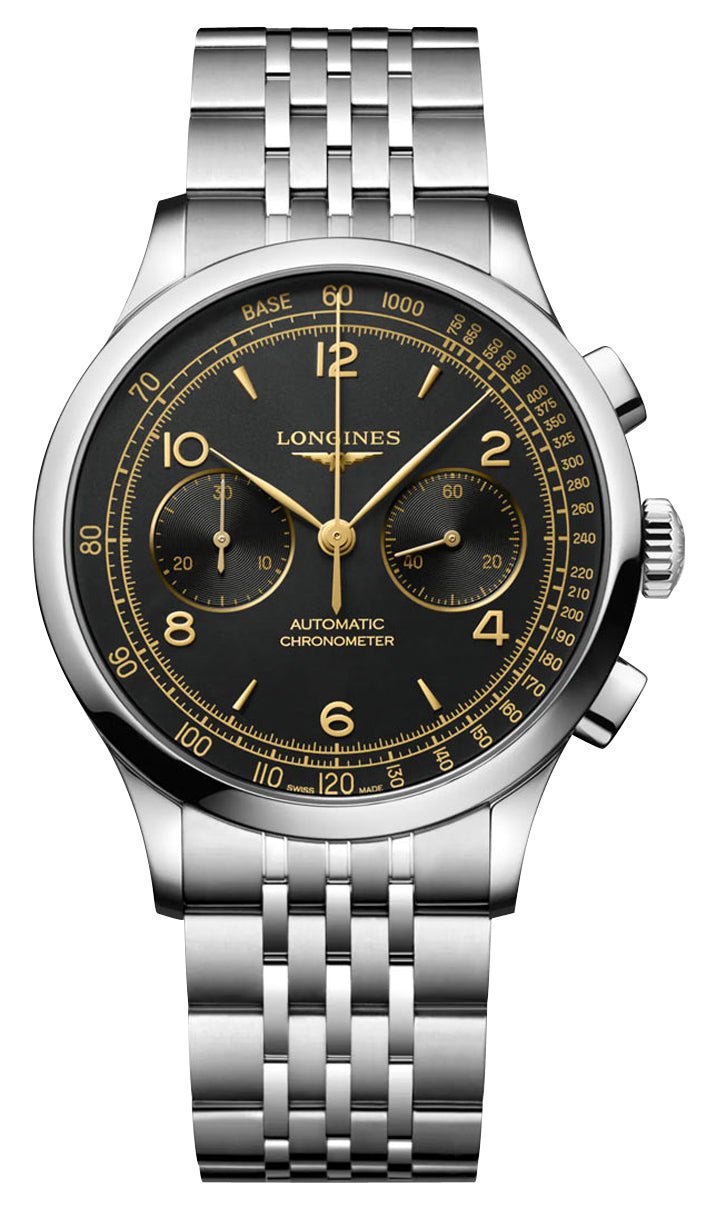 Longines Record Automatic COSC Chronograph Stainless Steel Black Dial Mens Watch L2.921.4.56.6 - Watches & Beyond