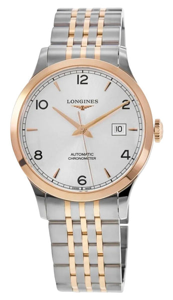 Longines Record Automatic COSC Stainless Steel & 18K Rose Gold Silver Dial Date Mens Watch L2.821.5.76.7 - Watches & Beyond