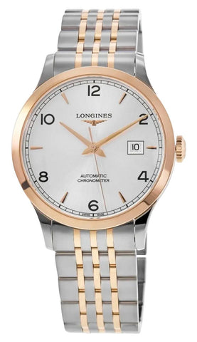 Longines Record Automatic COSC Stainless Steel & 18K Rose Gold Silver Dial Date Mens Watch L2.821.5.76.7 - Watches & Beyond