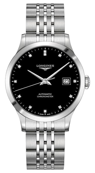 Longines Record Automatic COSC Stainless Steel Black Dial Diamonds Date Mens Watch L2.820.4.57.6 - Watches & Beyond