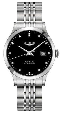 Longines Record Automatic COSC Stainless Steel Black Dial Diamonds Date Mens Watch L2.820.4.57.6 - Watches & Beyond