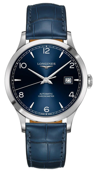 Longines Record Automatic COSC Stainless Steel Blue Dial Blue Leather Strap Date Mens Watch L2.821.4.96.4 - Watches & Beyond