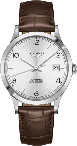 Longines Record Automatic COSC Stainless Steel Silver Dial Brown Leather Strap Date Mens Watch L2.821.4.76.2 - Watches & Beyond