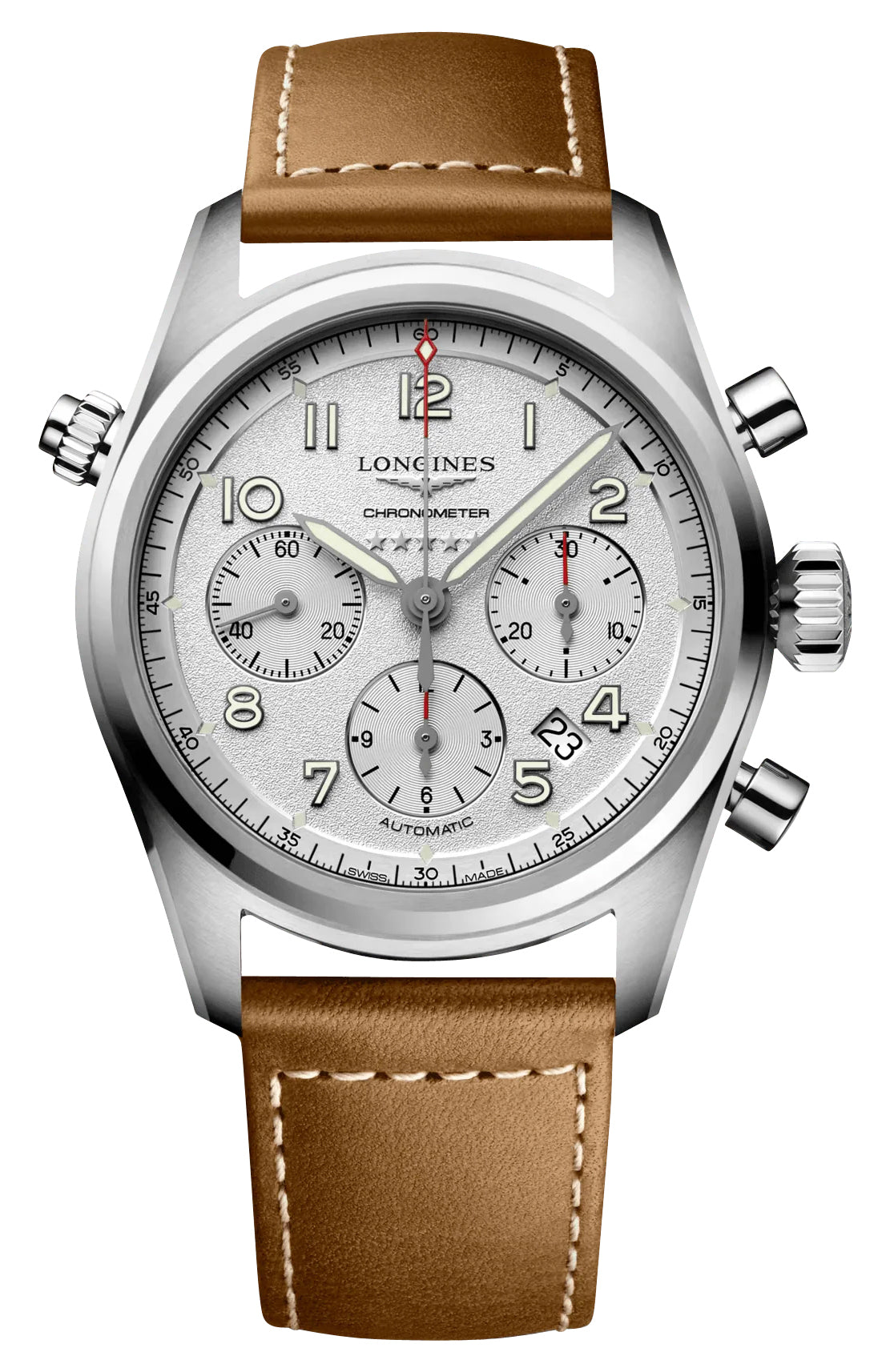 Longines Spirit Automatic Chronograph COSC Stainless Steel Silver Dial Brown Leather Strap Date Mens Watch L3.820.4.73.2 - Watches & Beyond