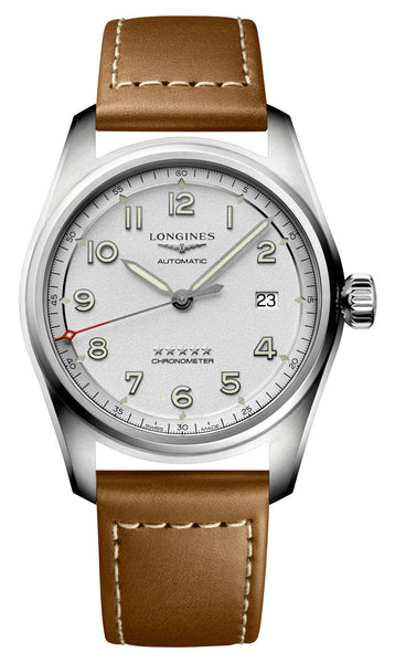 Longines Spirit Automatic Chronometer Stainless Steel Silver Dial Brown Leather Strap Date Mens Watch L3.810.4.73.2 - WAB - Shipping Dept.