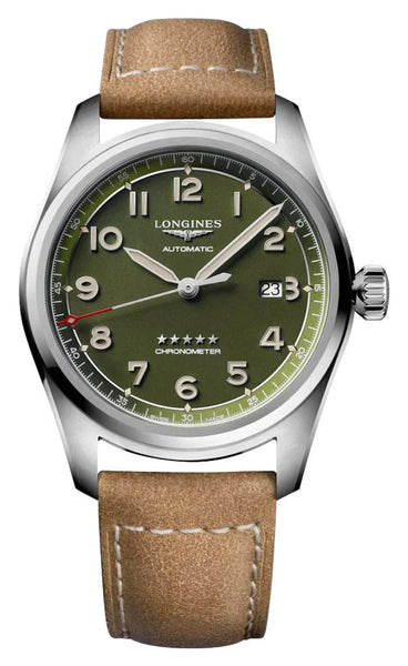 Longines Spirit Automatic COSC Stainless Steel Green Dial Brown Leather Strap Date Mens Watch L3.811.4.03.2 - Watches & Beyond